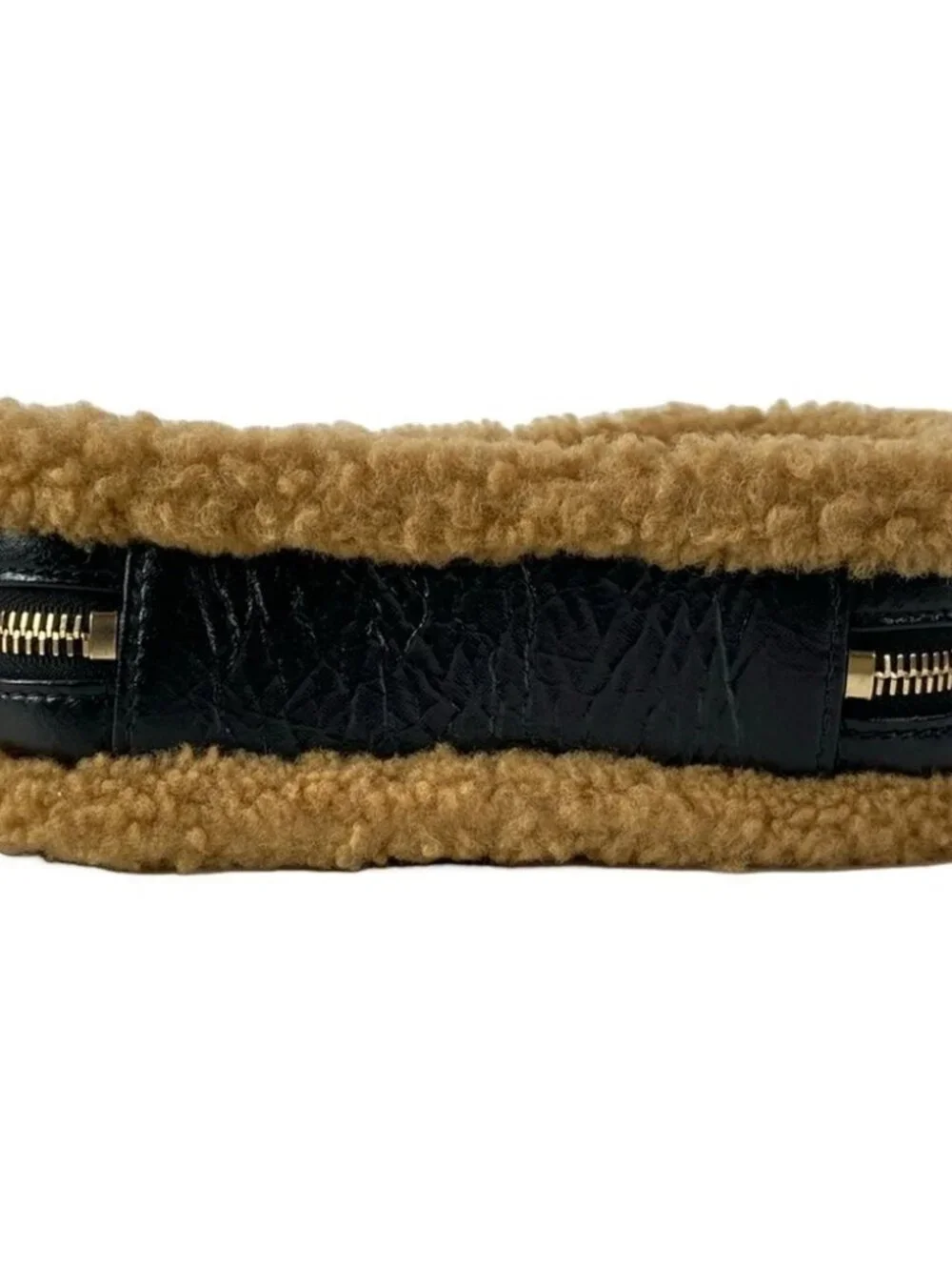 CHANEL CC Fan Black Light Brown Crumpled Sheepskin / Sheared Mouton Bum Bag